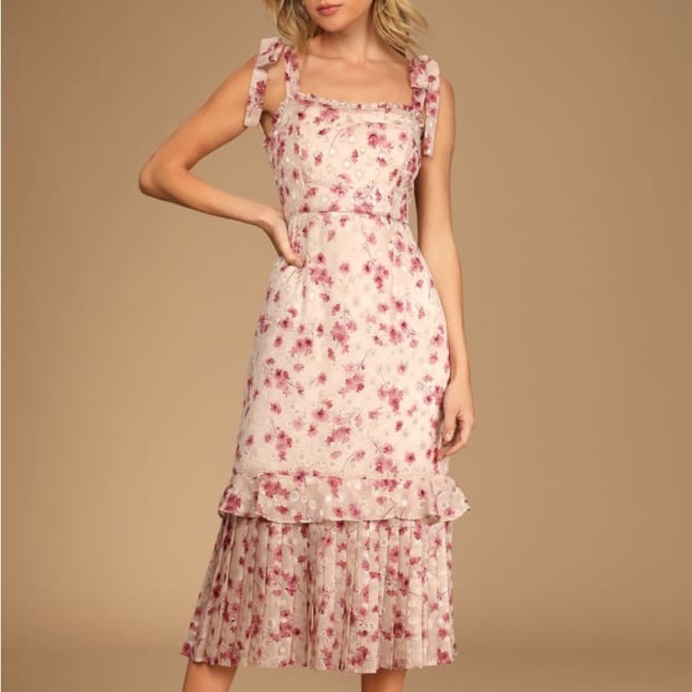 Lulus Terrace Views Taupe Floral Tiered Midi Dress S